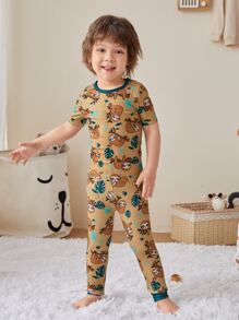 男孩樹懶圖案拼接邊緊身睡衣套裝 - 棕色 - 查看 3