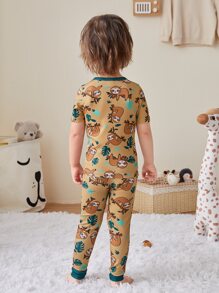男孩樹懶圖案拼接邊緊身睡衣套裝 - 棕色 - 查看 4