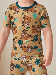 男孩樹懶圖案拼接邊緊身睡衣套裝 - 棕色 - 查看 5