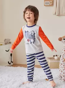 Boys Cartoon Graphic Tee & Striped Trousers PJ Set - Multicolor - View 1