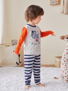 Boys Cartoon Graphic Tee & Striped Trousers PJ Set - Multicolor - View 3