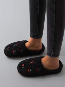 Pantuflas interiores cálidas con bordado de frutas y corazones lindos para mujeres, calcetines de piso silenciosos, otoño/invierno, zapatos mullidos, Navidad, pantuflas esponjosas - Negro - Ver 4