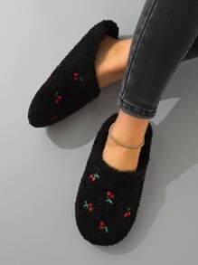 Pantuflas interiores cálidas con bordado de frutas y corazones lindos para mujeres, calcetines de piso silenciosos, otoño/invierno, zapatos mullidos, Navidad, pantuflas esponjosas - Negro - Ver 5