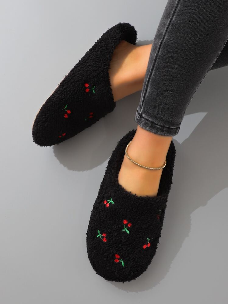 Cute Embroidered Fruit & Heart Plush Warm Indoor Slippers For Women, Silent Floor Slipper Socks, Autumn/Winter,Furry Shoes,Christmas,Fluffy Slippers - Black - View 5
