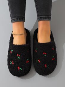 Pantuflas interiores cálidas con bordado de frutas y corazones lindos para mujeres, calcetines de piso silenciosos, otoño/invierno, zapatos mullidos, Navidad, pantuflas esponjosas - Negro - Ver 6