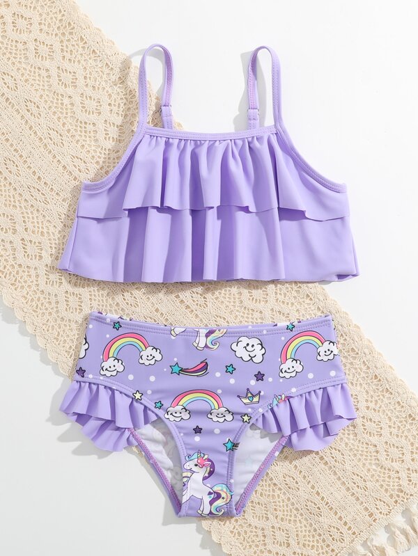 Toddler Girls Rainbow & Unicorn Print Ruffle Hem Bikini Swimsuit SHEIN