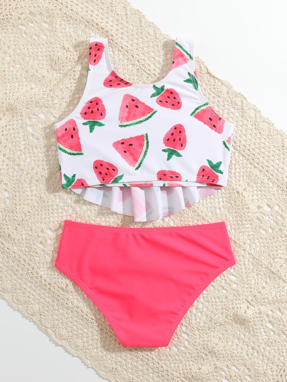 Young Girl Cute Watermelon & Strawberry Print Ruffled Neckline Bikini Set Summer Beach