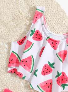 Young Girl Cute Watermelon & Strawberry Print Ruffled Neckline Bikini Set Summer Beach - Multicolor - View 4