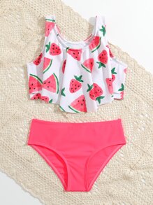 Young Girl Cute Watermelon & Strawberry Print Ruffled Neckline Bikini Set Summer Beach - Multicolor - View 5