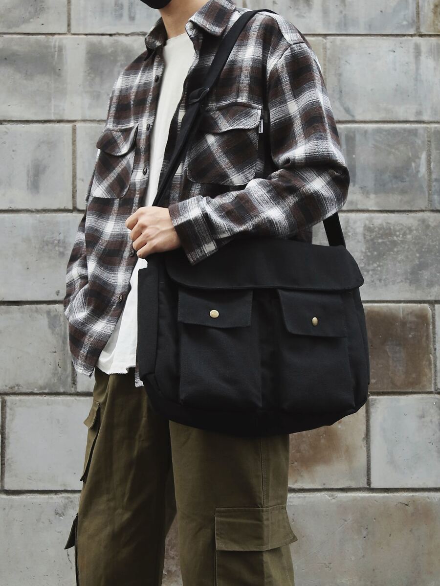 Bolso bandolera multibolsillo para hombre, bolso deportivo para estudiante universitario de secundaria para viajes, escuela universitaria - Negro - Ver 1