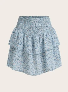 ROMWE 度假风格休闲碎花荷叶边下摆半身裙 - 淺藍色 - 查看 1