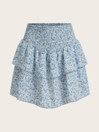 Falda informal con volantes en el bajo, estampado floral diminuto, estilo vacaciones