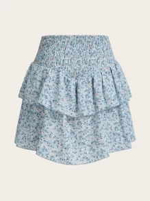 ROMWE 度假风格休闲碎花荷叶边下摆半身裙 - 淺藍色 - 查看 2