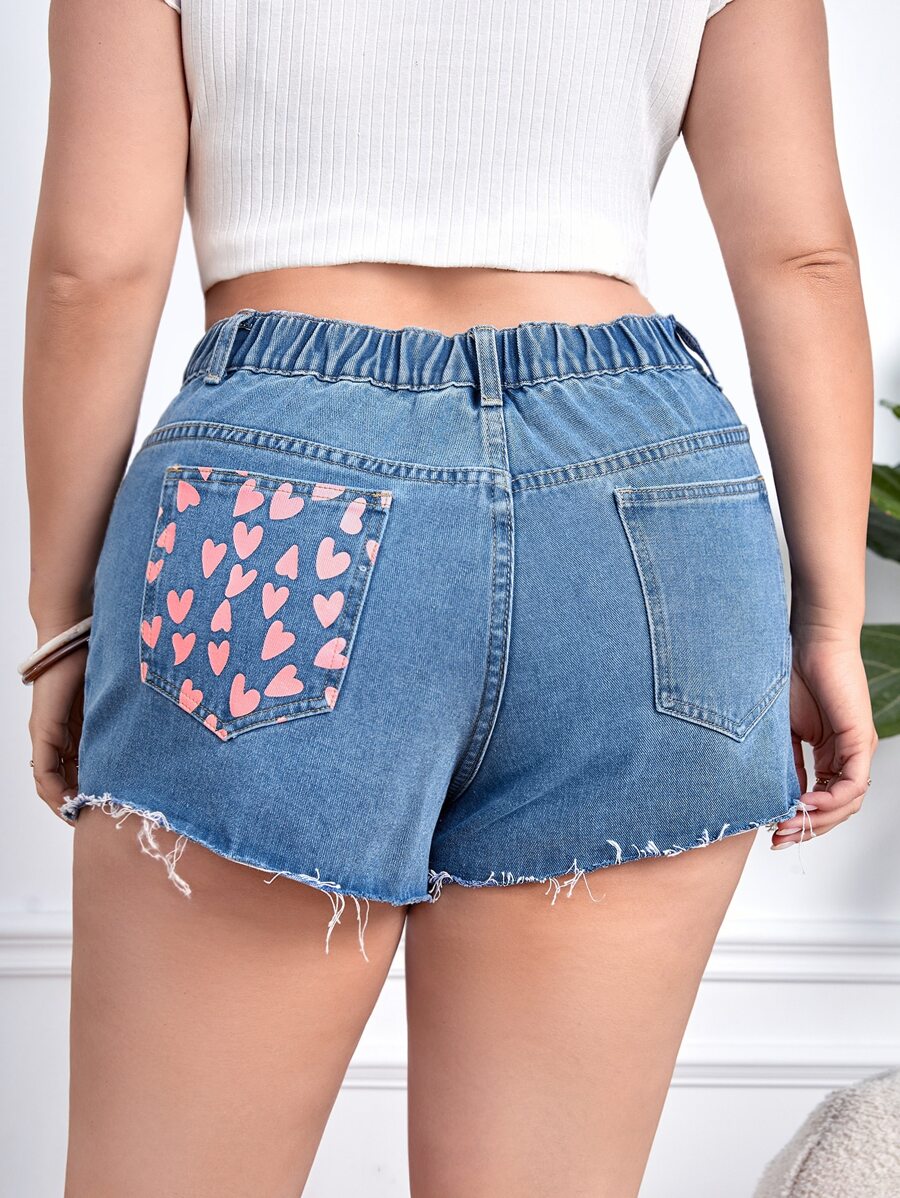 Plus Heart Print Raw Cut Denim Shorts - Medium Wash - View 1