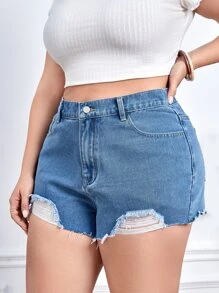 Plus Heart Print Raw Cut Denim Shorts - Medium Wash - View 3