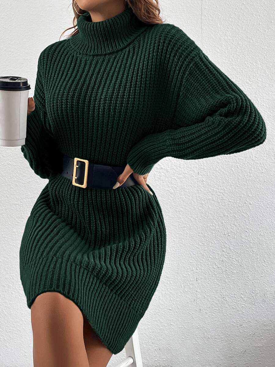 SHEIN Essnce Turtleneck Drop Shoulder Jumper Dress Without Belt - Green - View 1