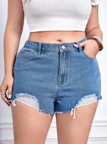 Plus Heart Print Raw Cut Denim Shorts - Medium Wash - View 4