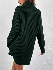 SHEIN Essnce Turtleneck Drop Shoulder Jumper Dress Without Belt - Green - View 2