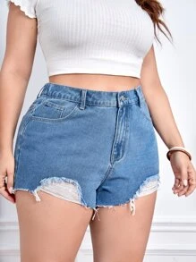 Plus Heart Print Raw Cut Denim Shorts - Medium Wash - View 5