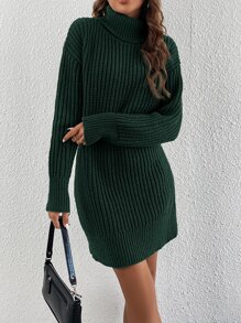 SHEIN Essnce Turtleneck Drop Shoulder Jumper Dress Without Belt - Green - View 4