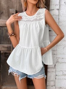 SHEIN VCAY Camisa sin manga con encaje en contraste bajo con fruncido - Blanco - Ver 2