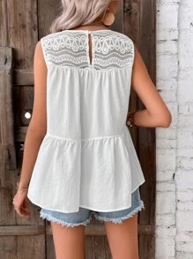 SHEIN VCAY Camisa sin manga con encaje en contraste bajo con fruncido - Blanco - Ver 3
