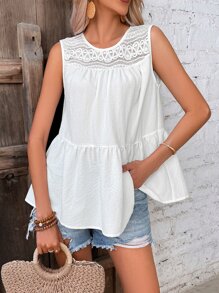 SHEIN VCAY Camisa sin manga con encaje en contraste bajo con fruncido - Blanco - Ver 4