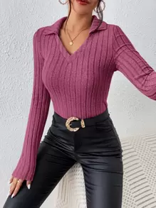 SHEIN Frenchy Camiseta delgado tejido de canalé - Rojo violeta - Ver 1