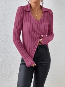 SHEIN Frenchy Camiseta delgado tejido de canalé - Rojo violeta - Ver 4