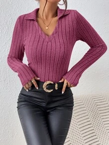 SHEIN Frenchy Camiseta delgado tejido de canalé - Rojo violeta - Ver 5