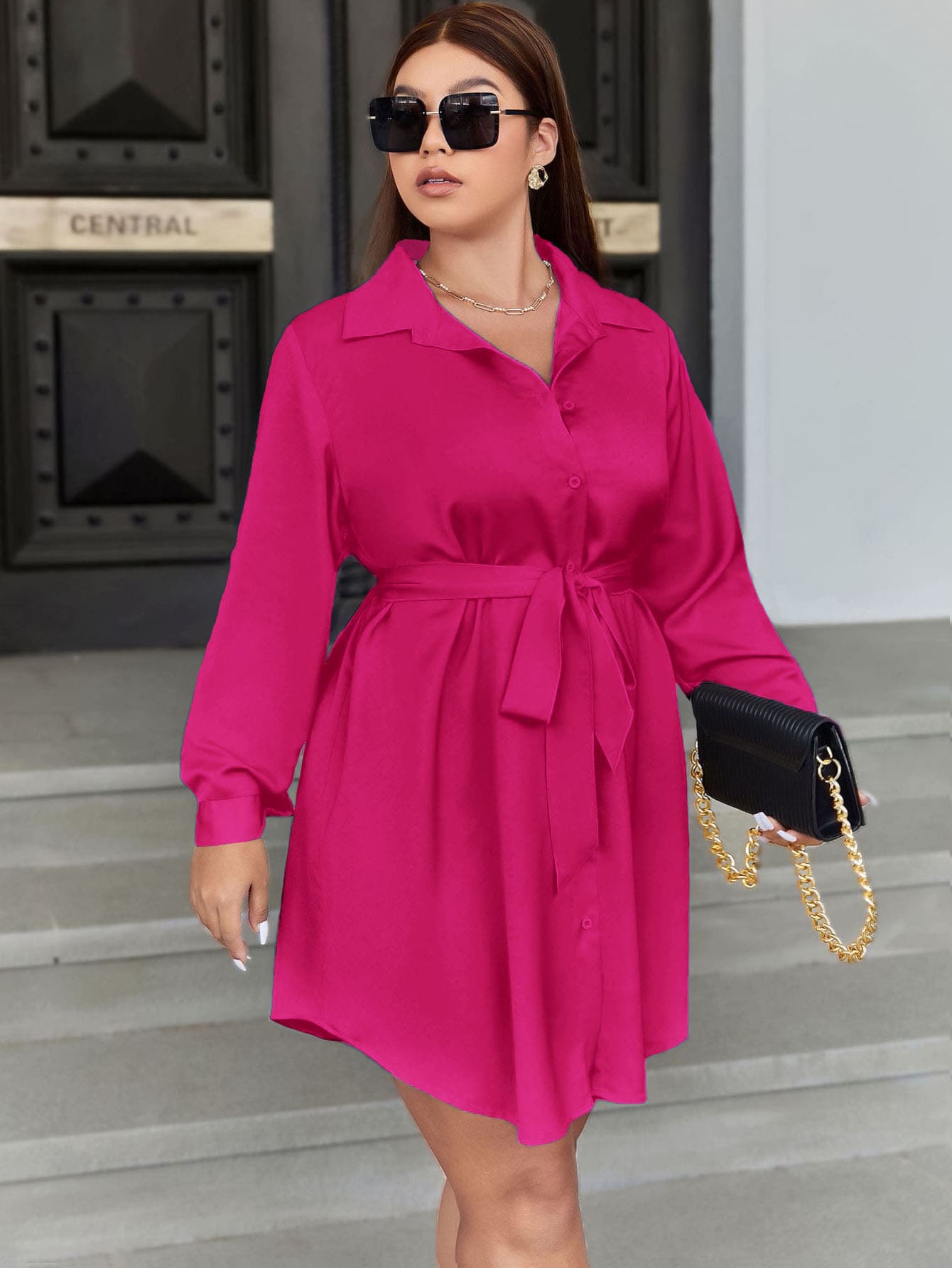Celure Vestido camisero con botón delantero con cinturón de satén - Rosa Fucsia - Ver 1