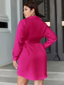 Celure Vestido camisero con botón delantero con cinturón de satén - Rosa Fucsia - Ver 2