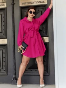 Celure Vestido camisero con botón delantero con cinturón de satén - Rosa Fucsia - Ver 4