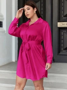 Celure Vestido camisero con botón delantero con cinturón de satén - Rosa Fucsia - Ver 5