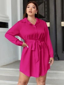 Celure Vestido camisero con botón delantero con cinturón de satén - Rosa Fucsia - Ver 7