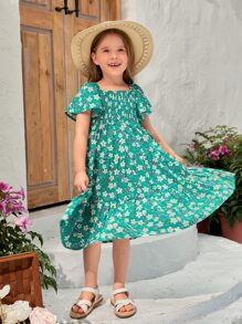 SHEIN 小女童1入組印花蝴蝶袖洋裝