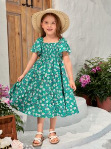 SHEIN 小女童1入組印花蝴蝶袖洋裝