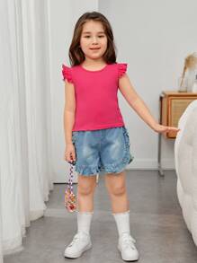 SHEIN Niñitas Top tank sisa con fruncido tejido de canalé - Rosa Roja - Ver 4