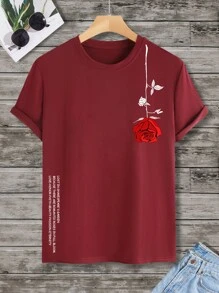 Manfinity Homme Men Slogan & Floral Print Tee - Burgundy - View 1