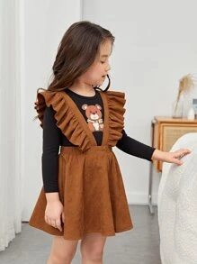 SHEIN Toddler Girls Ruffle Trim Suspender Skirt Without Tee - Brown - View 4