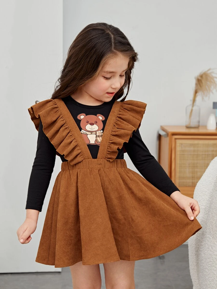 SHEIN Toddler Girls Ruffle Trim Suspender Skirt Without Tee - Brown - View 1