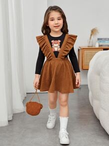 SHEIN Toddler Girls Ruffle Trim Suspender Skirt Without Tee - Brown - View 5