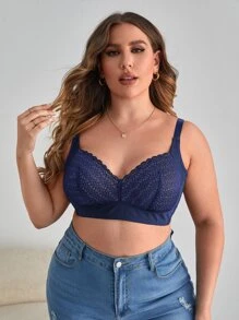 Plus Size Lace Splice Underwire Bra - Navy Blue - View 4