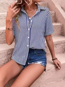 SHEIN LUNE 豎條紋蝙蝠袖襯衫 - 藍白色 - 查看 3