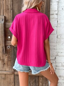 SHEIN LUNE Áo sơ mi nữ Nút phía trước màu trơn Giải trí - Màu Hồng Tươi - Xem 4