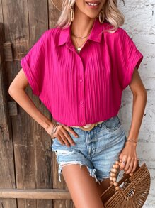 SHEIN LUNE Áo sơ mi nữ Nút phía trước màu trơn Giải trí - Màu Hồng Tươi - Xem 3