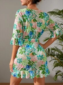 熱帶圖案前繫帶和服罩衫 - 彩色 - 查看 2