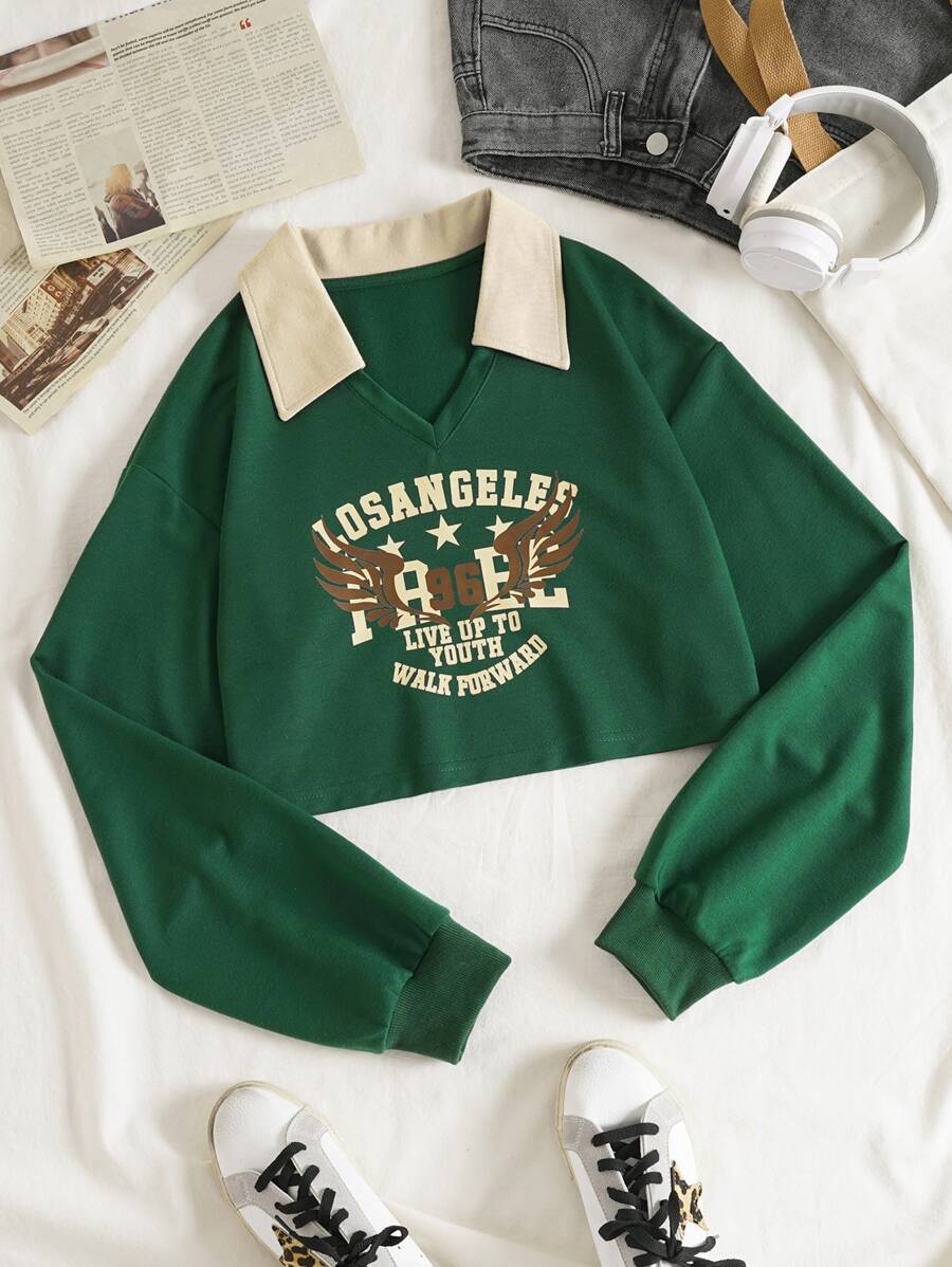 SHEIN EZwear Letter Graphic Contrast Collar Crop Sweatshirt Pullover Fall Sweatshirt - Green - View 1