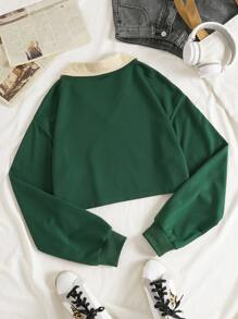 SHEIN EZwear Letter Graphic Contrast Collar Crop Sweatshirt Pullover Fall Sweatshirt - Green - View 2