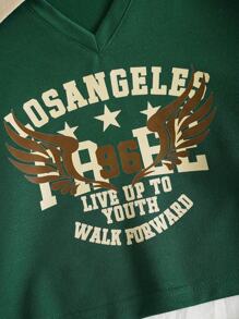 SHEIN EZwear Letter Graphic Contrast Collar Crop Sweatshirt Pullover Fall Sweatshirt - Green - View 4